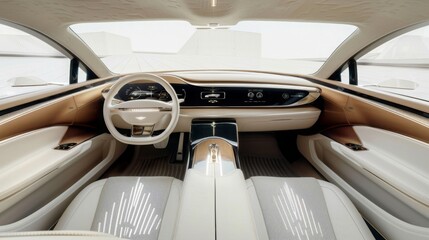 Luxury car interior, drivers seat, steering wheel, dashboard, and center console on display. Minimalist, modern design with light leather, wood accents.
