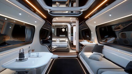 A sleek and modern interior design of an RV featuring a white dining table with a teapot and wine glasses, a plush white couch with pillows, and a black carpeted floor.