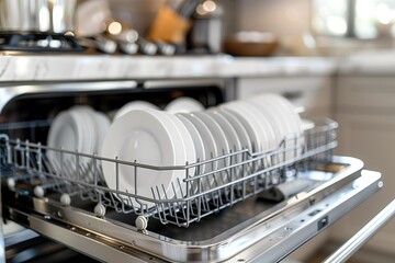 Dishwasher inside beautiful kitchen with white dishes that prepared to wash