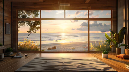 Obraz premium large window oak wooden room gallery opening to beach sunset landscape