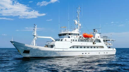 Naklejka premium A white yacht sails on a clear blue sea under a bright blue sky with white clouds. The yacht has a lifeboat on the side.