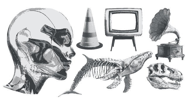 Woman, whale and dinosaur skeleton, TV, gramophone. Surreal retro graphic kit. Monochrome halftone collage cut out element in a retro pop art style. Contemporary dotted stickers.