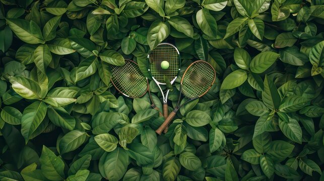 Overhead view of crossed tennis rackets and balls on a dense bed of vibrant green leaves. Generative AI