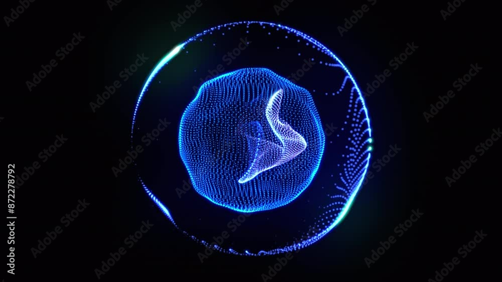 Wall mural blue glowing particle 3d sphere seamlessly moving and rotating on black. abstract 3d energy orb wave