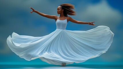 Fototapeta premium Graceful Woman Dancing in Sunlit Flowing White Dress Against Blue Sky, elegance concept