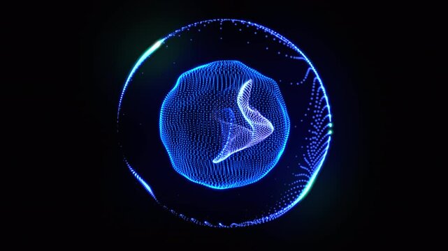 Blue glowing particle 3d sphere seamlessly moving and rotating on black. Abstract 3d energy orb wave motion. Technology, science, artificial intelligence background. Virtual assistant concept. 4k loop