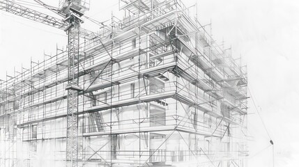 Obraz premium Pencil drawing of a building under construction with detailed scaffolding and cranes. Generative AI