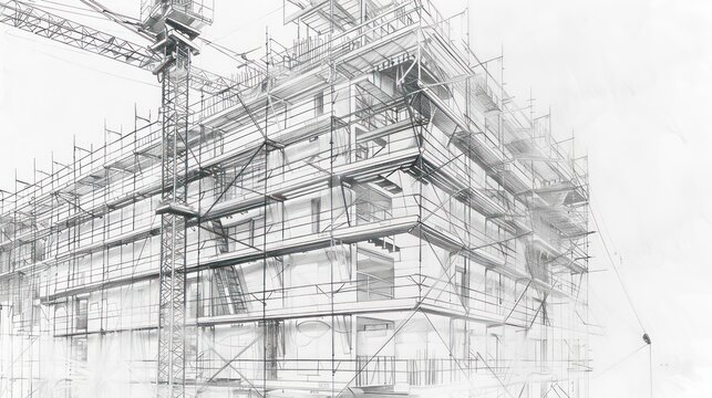 Pencil drawing of a building under construction with detailed scaffolding and cranes. Generative AI