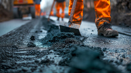 road construction workers and road construction . maintenance service workers working on the road 