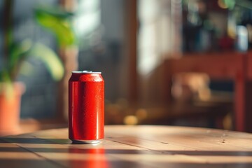 A Red Aluminum Can on a Wooden Table