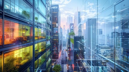 Fototapeta premium concept of a smart city with buildings using energy-efficient windows that change transparency to optimize for light and heat throughout the day
