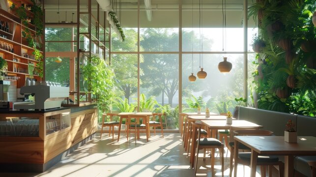 concept design for an eco-friendly cafe with walls made entirely of energy-efficient windows, blending indoor comfort with outdoor beauty