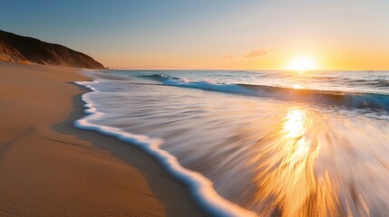 Serene Sunset Beach Scene with Vibrant Colors and Dynamic Waves