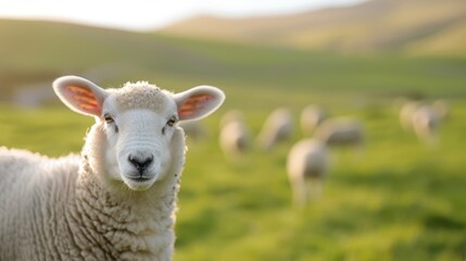 Naklejka premium Serene Pastoral Scene with Curious White Sheep