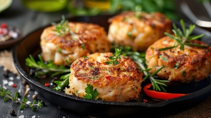 Fototapeta premium Savory crab cakes garnished with herbs on a cast iron skillet in a rustic restaurant setting. Generative AI