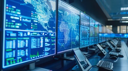 Multiple monitors in a monitoring room show charts, graphs, and data visualizations alongside a world map, highlighting technical activity.