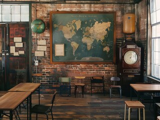 Vintage Classroom with World Map and Clock