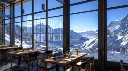 high-altitude restaurant with energy-efficient windows designed to withstand extreme weather, offering diners spectacular mountain views in a comfortable, controlled climate