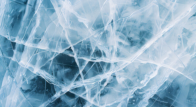 Crystal clear ice with veins and cracks.