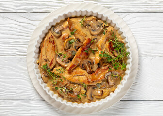 chicken stroganoff in a baking dish, top view