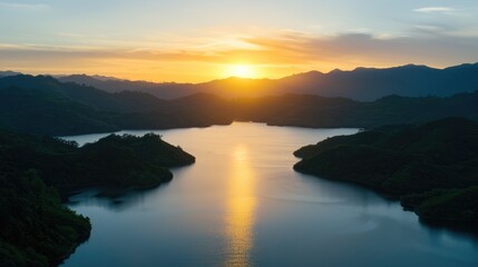 Fototapeta premium Serene Sunset Landscape Over a Glistening Blue Lake
