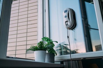The window cleaner robot is held on the window by vacuum. A robot cleans windows in a high-rise...