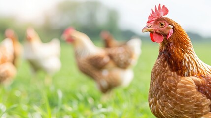 Tranquil Chicken Scene Captured Amidst Green Fields and Trees
