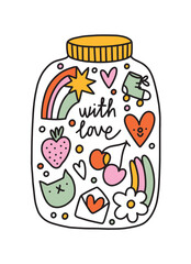 With love. Cartoon jar filled with doodles, vector illustration