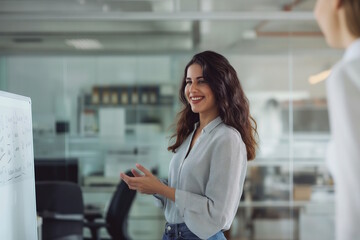 Obraz premium Smiling white woman giving a presentation in a modern office with a whiteboard. Concept of leadership, communication, and teamwork, ideal for coworking day and business meetings