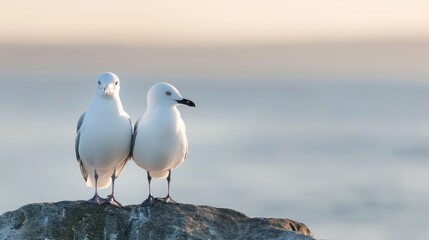 Obraz premium Two Seagulls Conversing on a Cliff Edge Amidst Ocean View