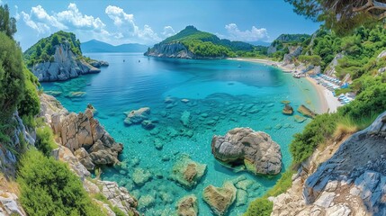 Obraz premium A beautiful beach with a clear blue ocean and a rocky shoreline. The water is calm and the sky is clear