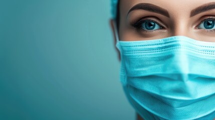 Close-Up of Face with Teal Medical Mask and Gold Nose Clip