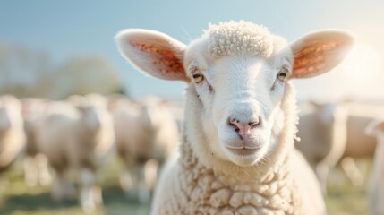 Obraz premium Fluffy White Sheep with Distinctive Pink Ears on Grassy Field