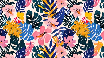 A colorful floral print with a tropical theme. The flowers are in various colors and sizes, and the leaves are also colorful. Scene is bright and cheerful, with a sense of warmth and relaxation
