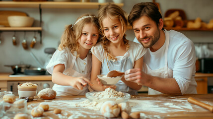 family preparing cookies with flour
