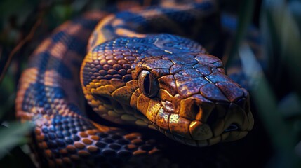 Fototapeta premium Sinuous Anaconda snake macro. Female pets. Generative AI