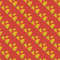 Seamless red pattern with watermelon slices. Red background. Bright summer illustration. Warm colors. Simplified shapes. Vector
