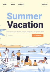 Summer vacation beach scene family fun activities people relaxing playing water mountains background template