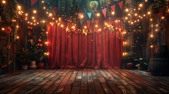 Christmas background with curtains Palco 3d realista com bandeirinha para expor produtos de festa junina