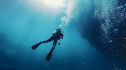 Underwater Scuba Diver Ocean Exploration Adventure Deep Sea Diving Marine Life Bubbles Sunlight