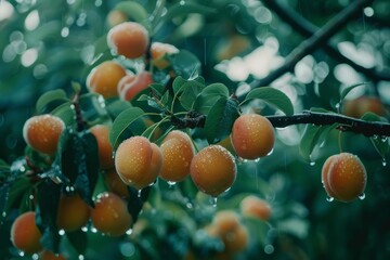 Apricots on tree, droplets, fujifilm, fujicolor c200, depth of field