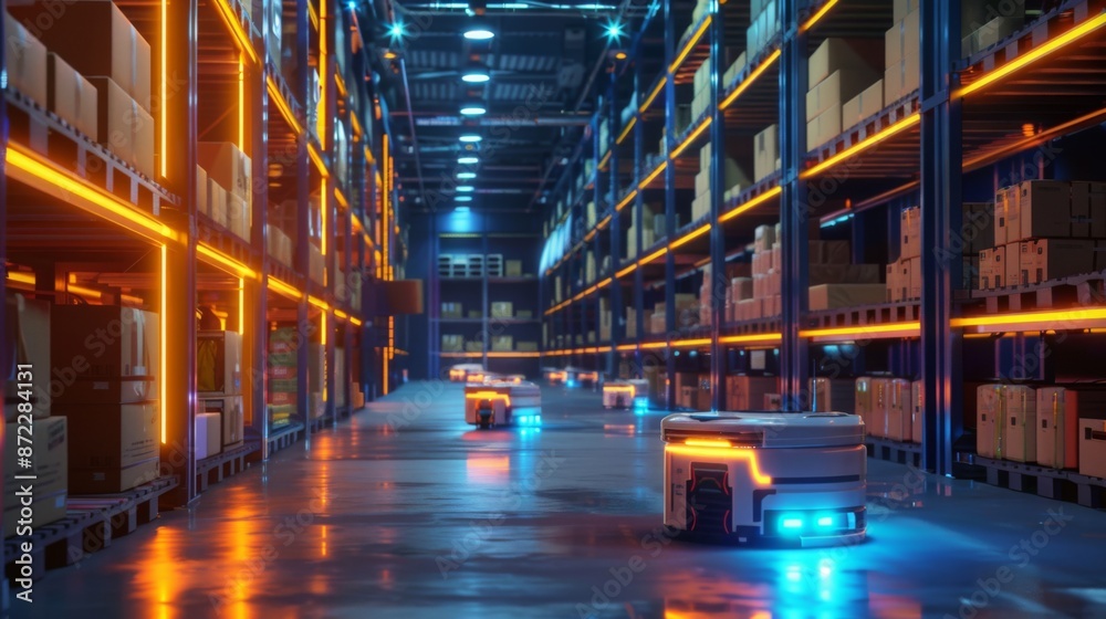 Poster a row of automated robots navigate a warehouse aisle, moving between rows of shelves stacked with bo