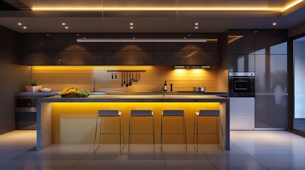 A hint of mustard yellow accents a modern kitchen, with sleek appliances gleaming under soft lighting.