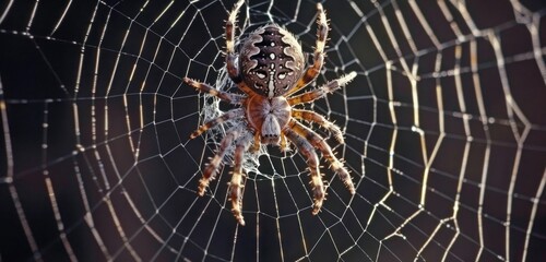 A spiderweb with a large, menacing spider in the center at dark black background