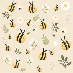 Pattern with white flower and bee cartoon on light background. Bee cartoons and white flower vector illustration. Kids illustration