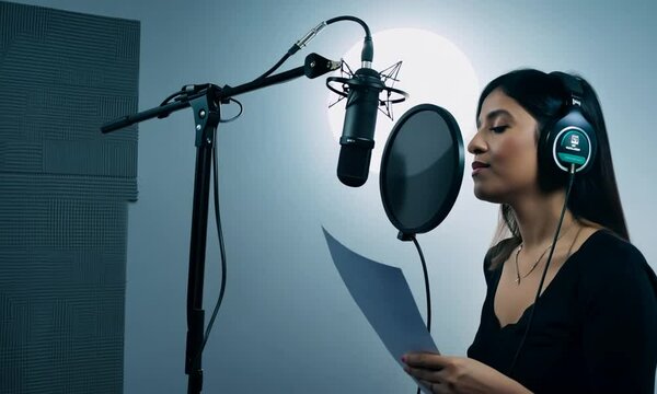 A woman in a soundproof room is preparing for a professional voice recording for dubbing.	
