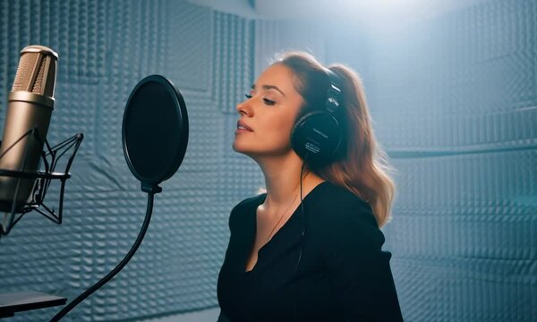 A woman in a soundproof room is preparing for a professional voice recording for dubbing.	
