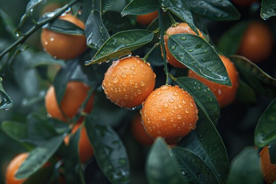 Clementines on tree, droplets, fujifilm, fujicolor c200, depth of field