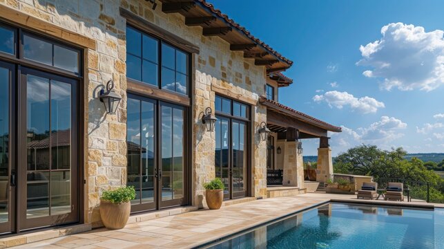 luxury home with energy-efficient windows that automatically adjust their tint based on the angle of sunlight, maximizing light while reducing heat gain
