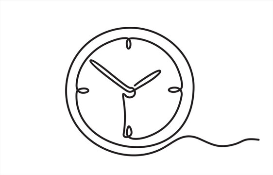 Continuous one line drawing clock icon with doodle hand drawn style. Vector illustration on white background.